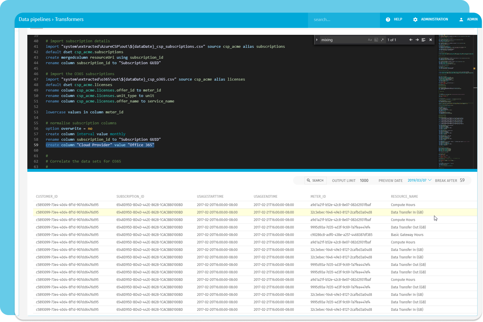 Exivity Core: data ingestion preview showing extracted usage rows before they are rated