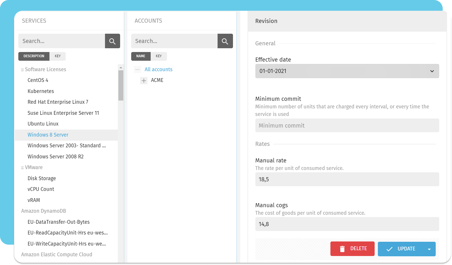 Exivity Core: rate management with per-service rates, cost of goods and minimum commitments per revision