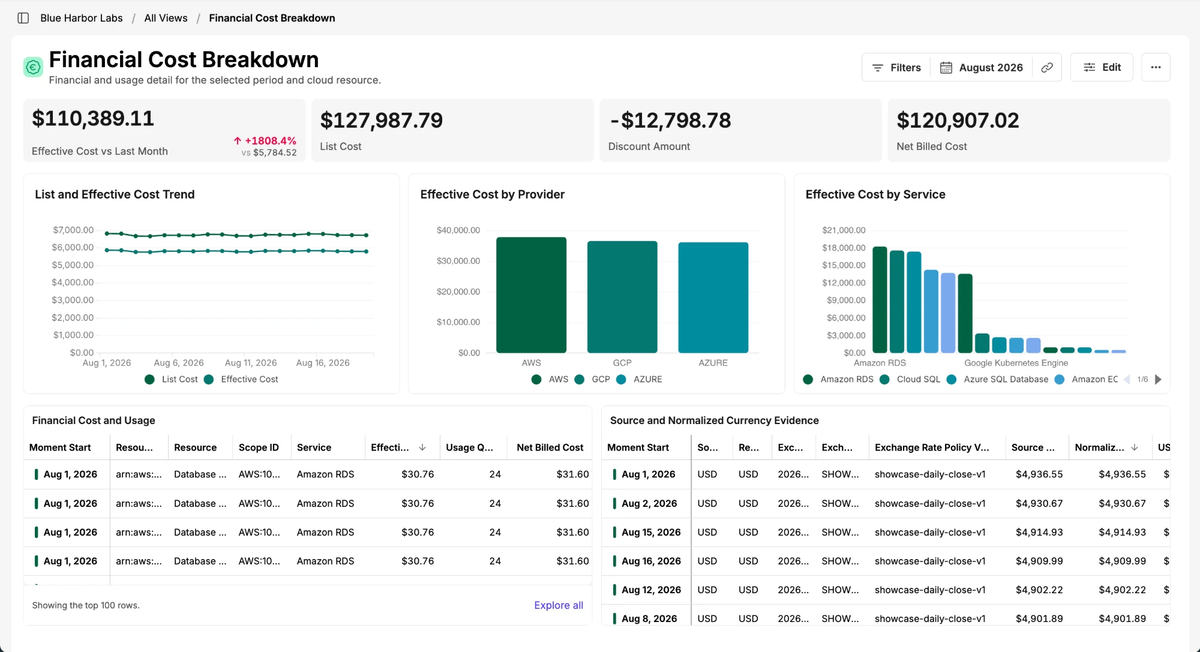 Hypermeter view: Financial Cost Breakdown with list, effective and net billed cost, cost by provider and by service, on demo data